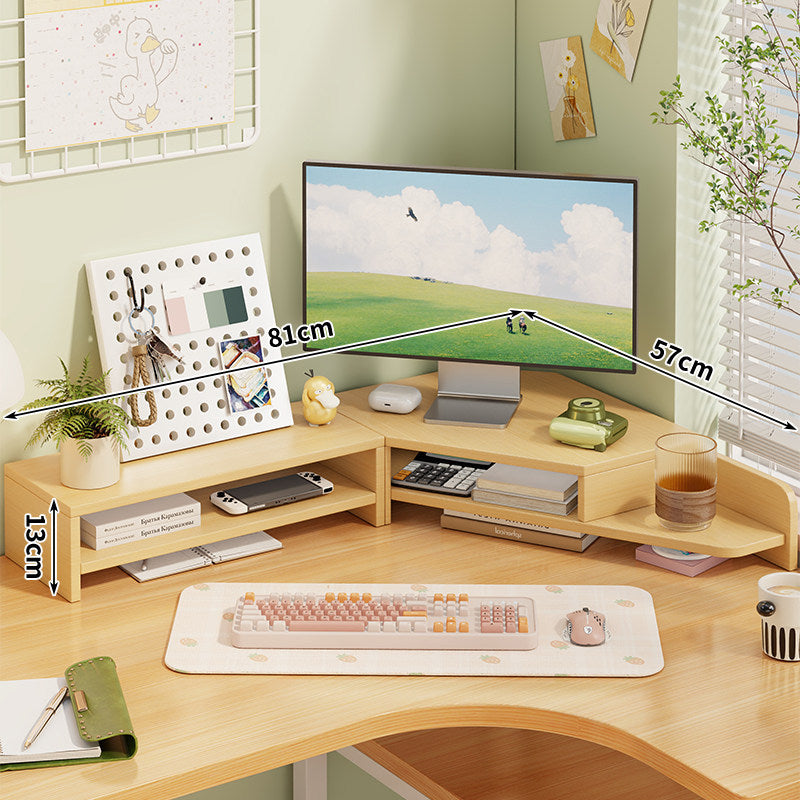 Corner Wooden Monitor Riser with Dual-Tier Storage Shelf