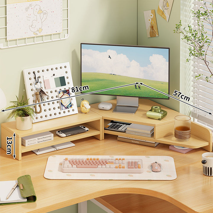 Corner Wooden Monitor Riser with Dual-Tier Storage Shelf
