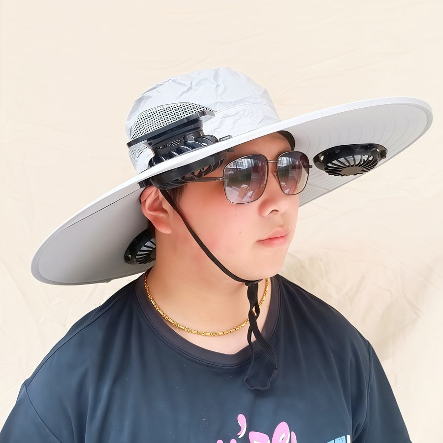 Wide-brimmed sun hat with detachable swivel solar fans and adjustable chin strap Stornfield