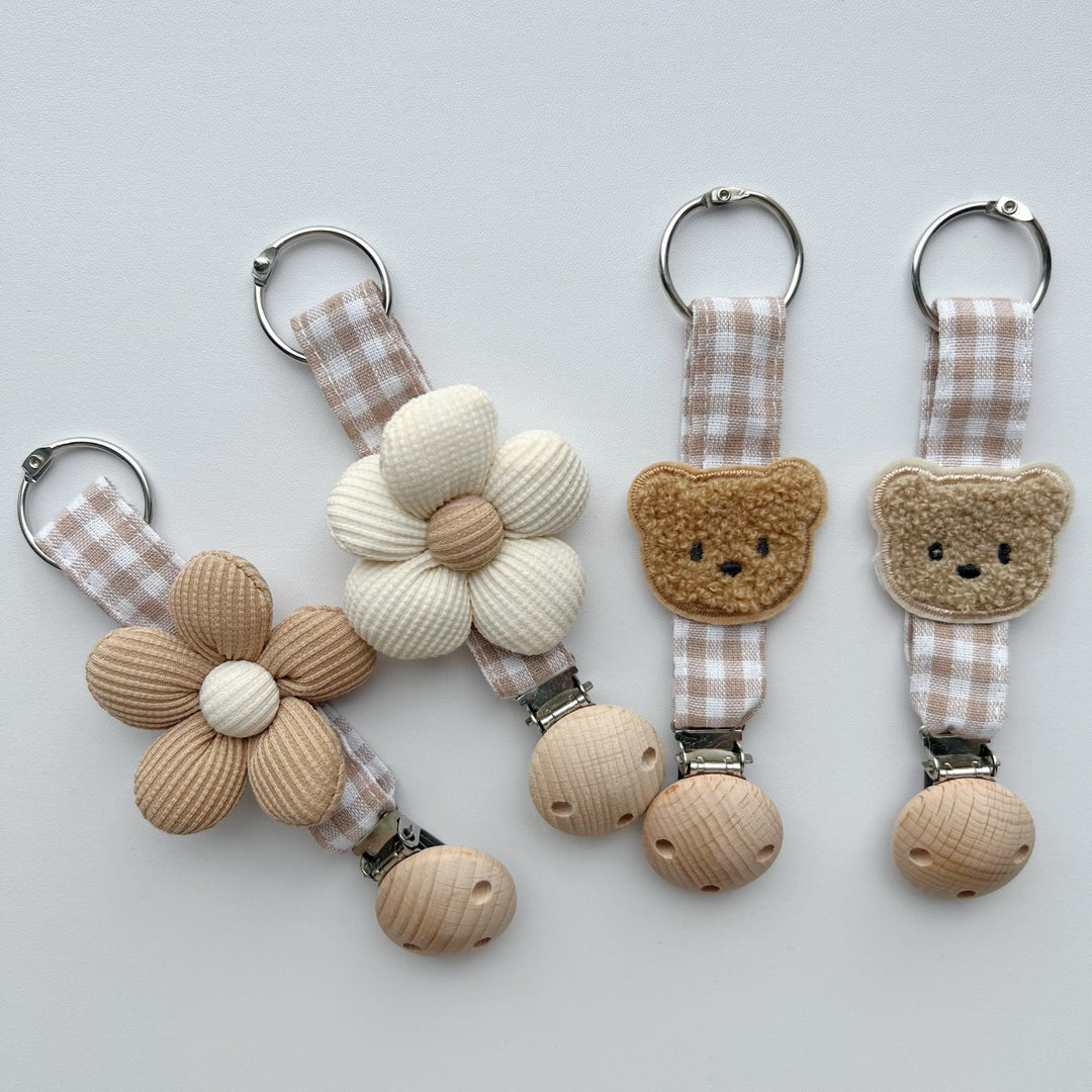 Cotton Gingham Strap Pacifier Clip with Padded Floral Comforter and Wooden Safety Clamp