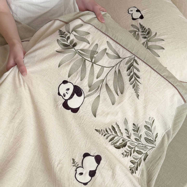 Embroidered Panda & Botanical Cotton-Linen Duvet Cover Set with Envelope Pillow Shams