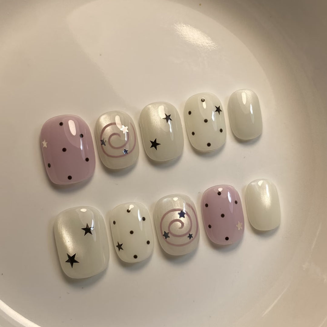 Decorative Press-On Nail Art Set with Whimsical Star and Dot Patterns