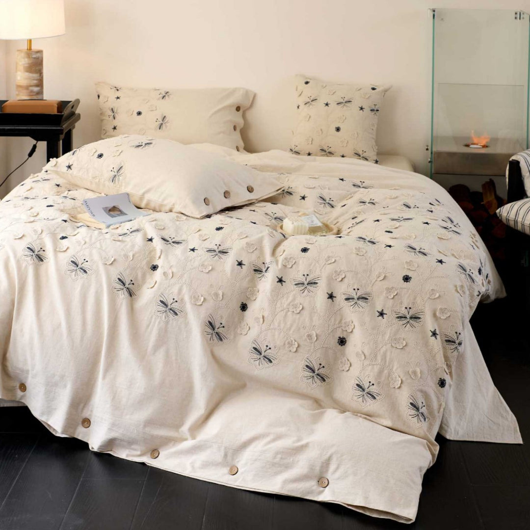 Embroidered Linen-Cotton Butterfly Duvet Cover Set with Button Closure and Decorative Pillowcases
