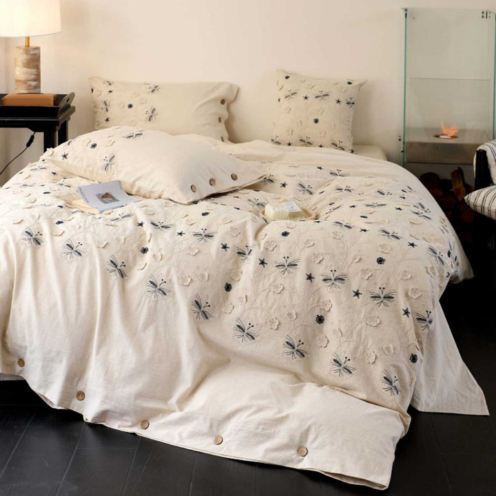 Embroidered Linen-Cotton Butterfly Duvet Cover Set with Button Closure and Decorative Pillowcases