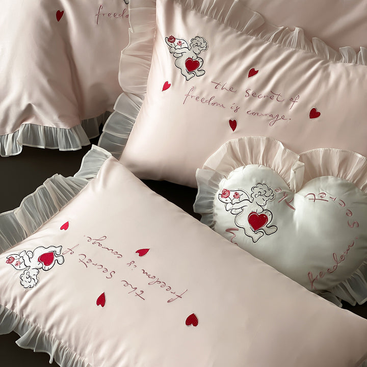 Satin-Feel Frilled Embroidered Heart Motif Duvet Cover Set