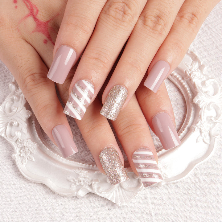 Glamorous Glitter and Striped Press-On Nail Art Stornfield