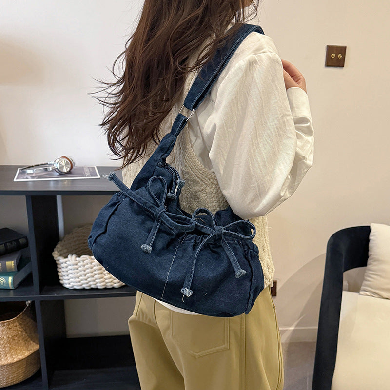 Denim Drawstring Hobo Bag