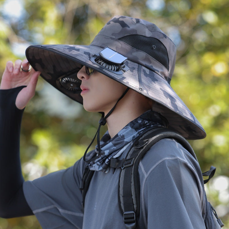 Wide-brimmed outdoor sun hat with solar-powered micro fan, breathable mesh and adjustable chin strap Stornfield
