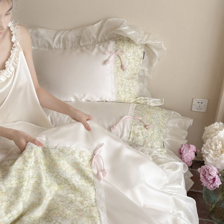 Romantic Ruffled Satin Duvet Cover Set with Floral Panel and Lace Trim