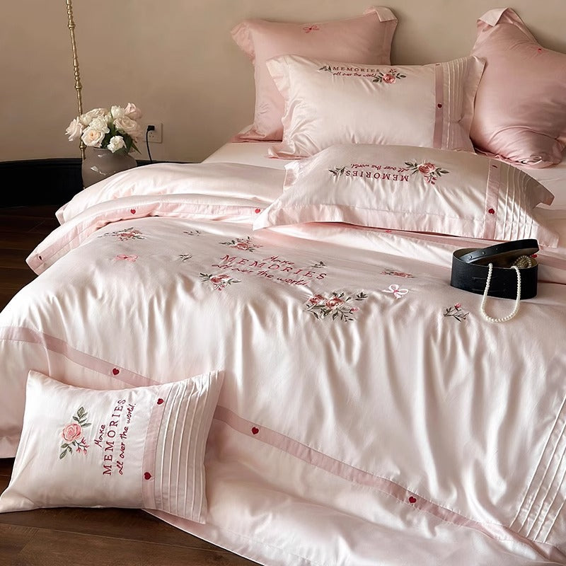 Embroidered Floral Cotton-Sateen Duvet Cover Set with Pintuck Accent Shams