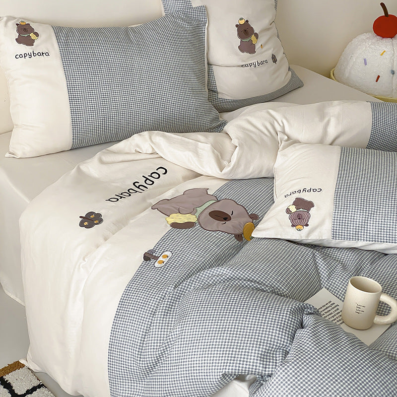 Cotton-Sateen Capybara Embroidered Duvet Cover and Pillowcase Set with Gingham Panel