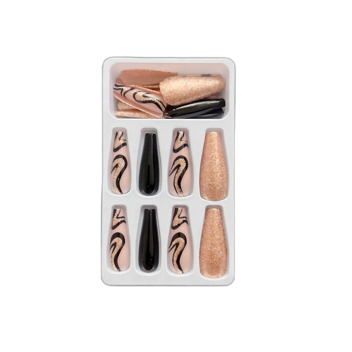 Artistic Press-On Nail Set with Glitter and Abstract Designs
