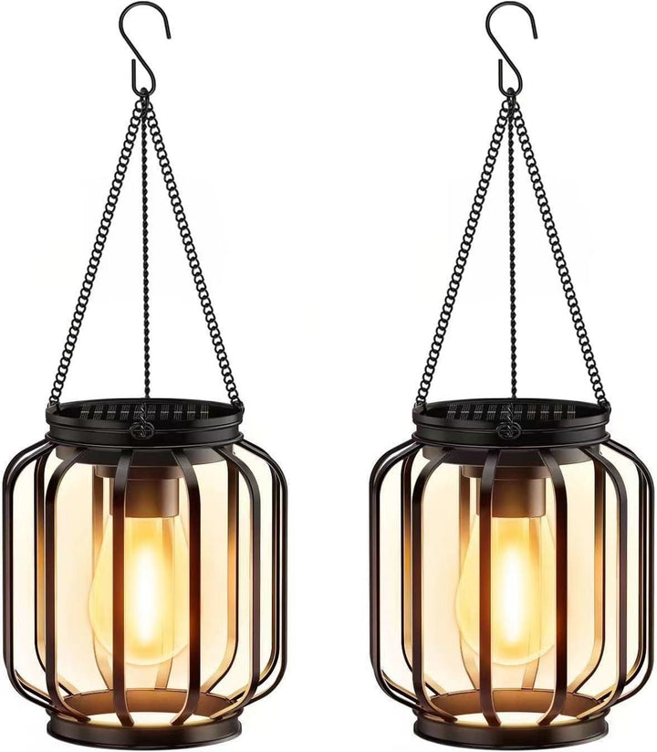 Solar Hanging Outdoor Lanterns With Vintage-Style LED Filament Bulb And Metal Cage Waterproof Suspension Stornfield