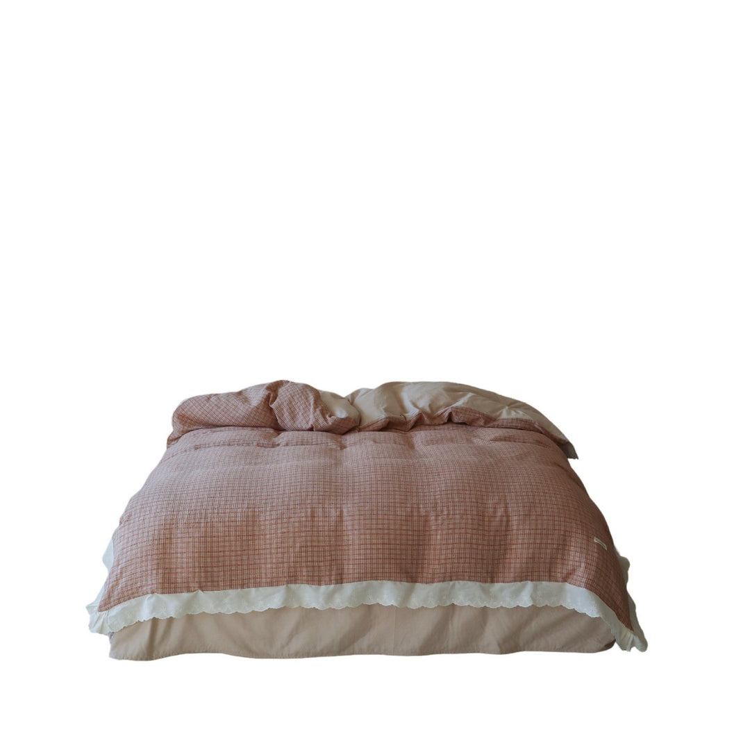 Plaid Cotton-Linen Duvet Cover Set with Ruffled Lace Trim