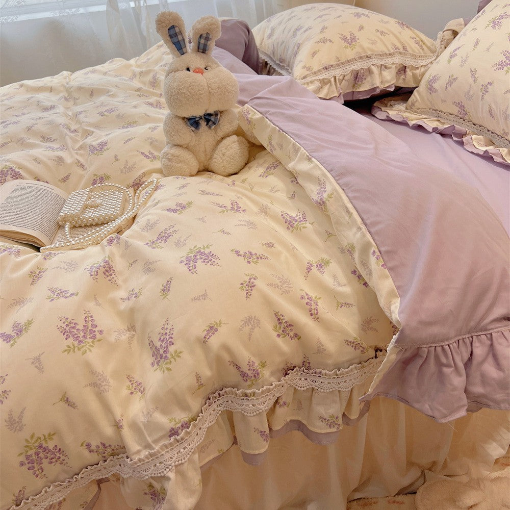 Ruffled Floral Lace-Trim Duvet Cover Set with Pillow Shams