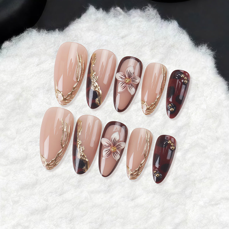 Decorative Stiletto Press-On Nails with Floral and Gold Accents Stornfield