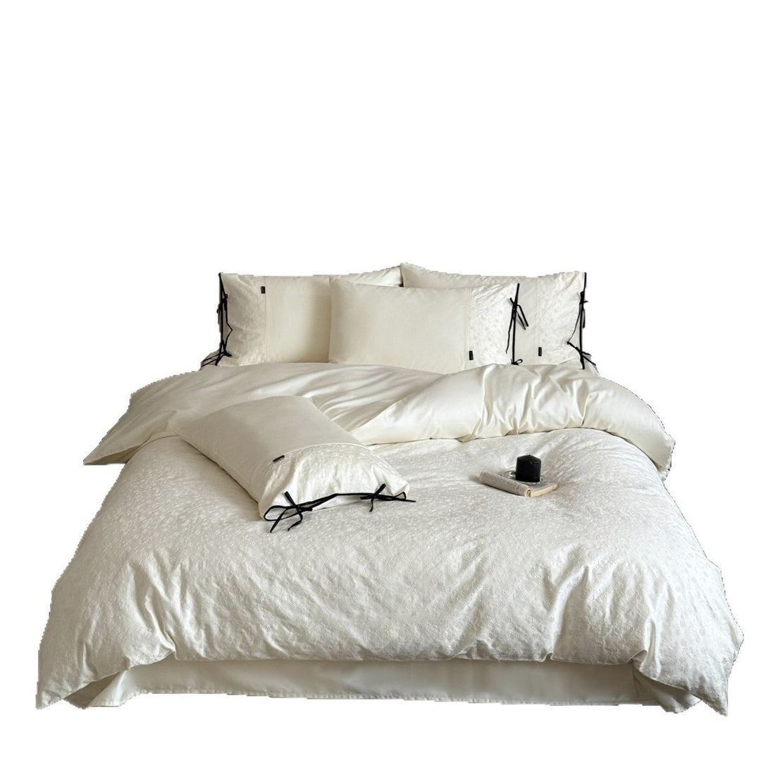 Embroidered Cotton-Sateen Duvet Cover Set with Contrast Tie Bows and Eyelet Floral Texture