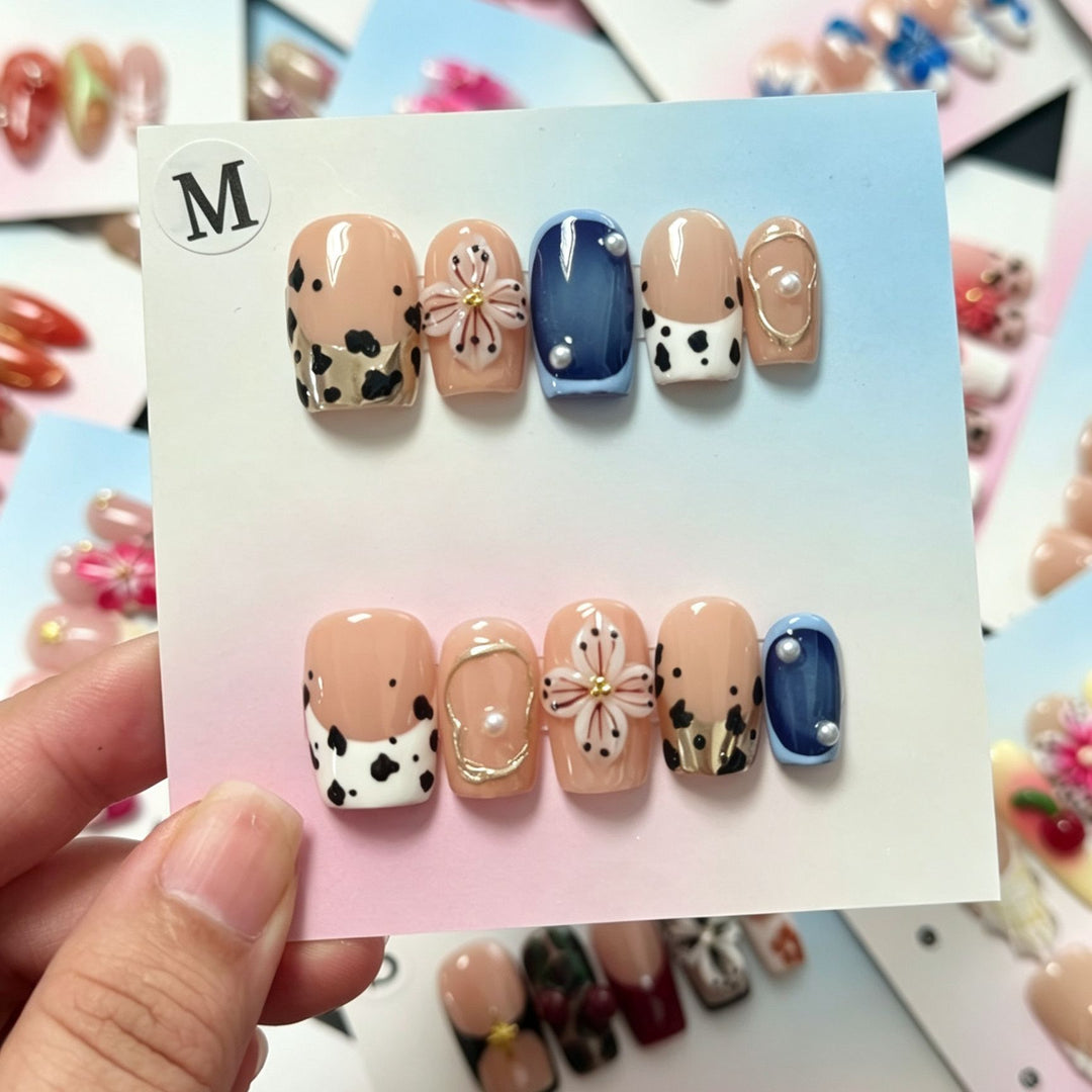 Artistic Press-On Nail Set with Floral and Geometric Designs