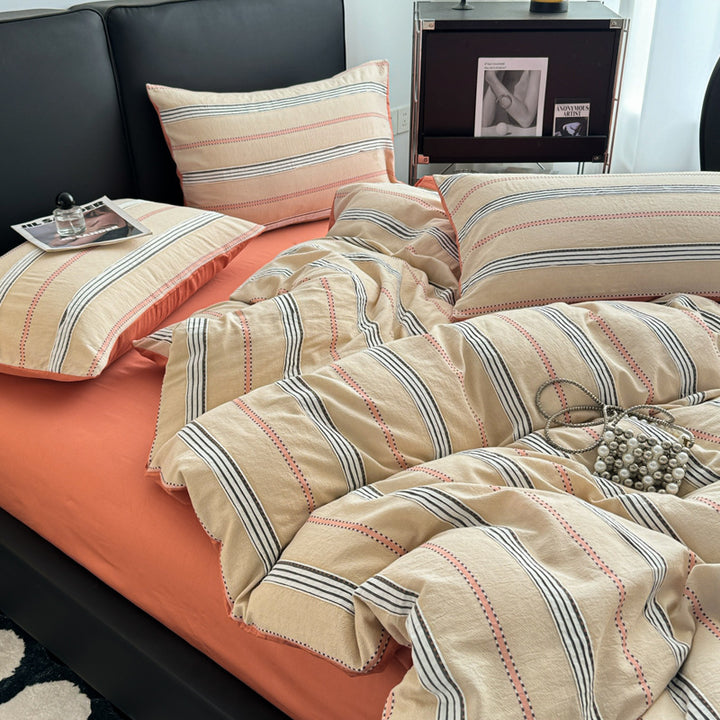 Striped cotton bedding set with washed finish, breathable percale & reversible function