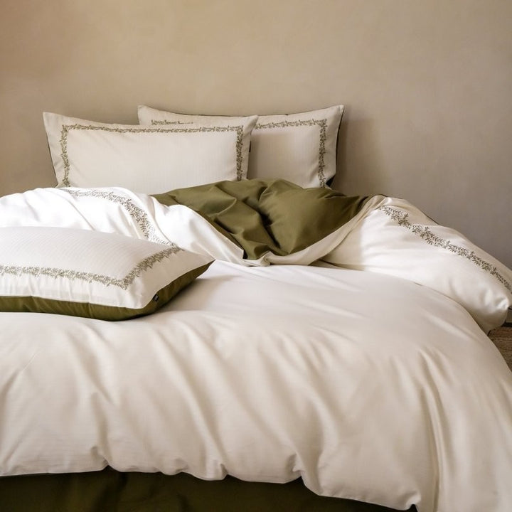 Reversible Cotton Sateen Duvet Cover Set with Contrast Hem and Embroidered Border Pillow Shams