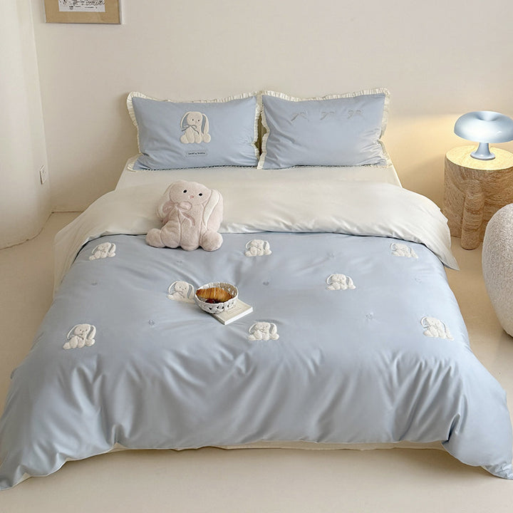 Embroidered Bunny Appliqué Cotton Sateen Duvet Cover Set with Ruffled Pillow Shams