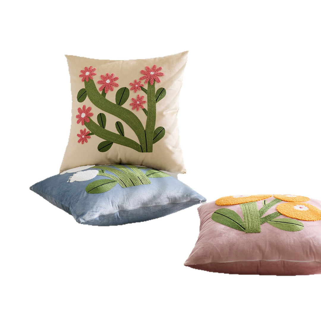 Square Velvet Appliqué Tufted Floral Accent Throw Pillow