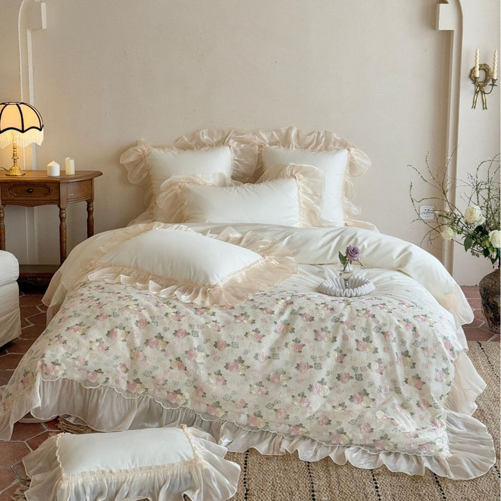 Floral Embroidered Ruffled Satin-Trim Duvet Cover Set
