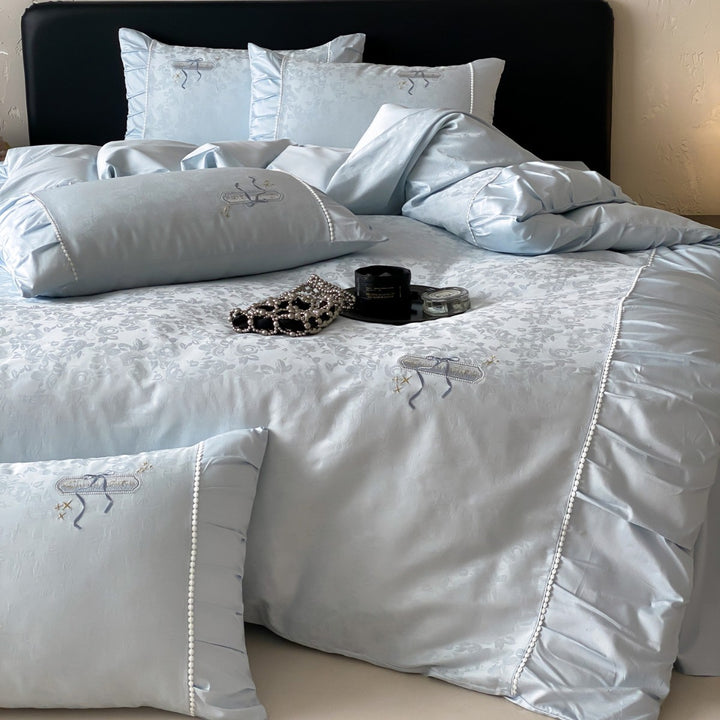 Luxury Jacquard Satin Ruffled Duvet Cover Set with Embroidered Accents