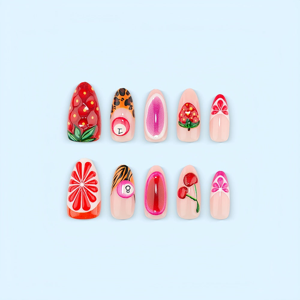 Artificial nails with fruity motifs andGloss finish Stornfield