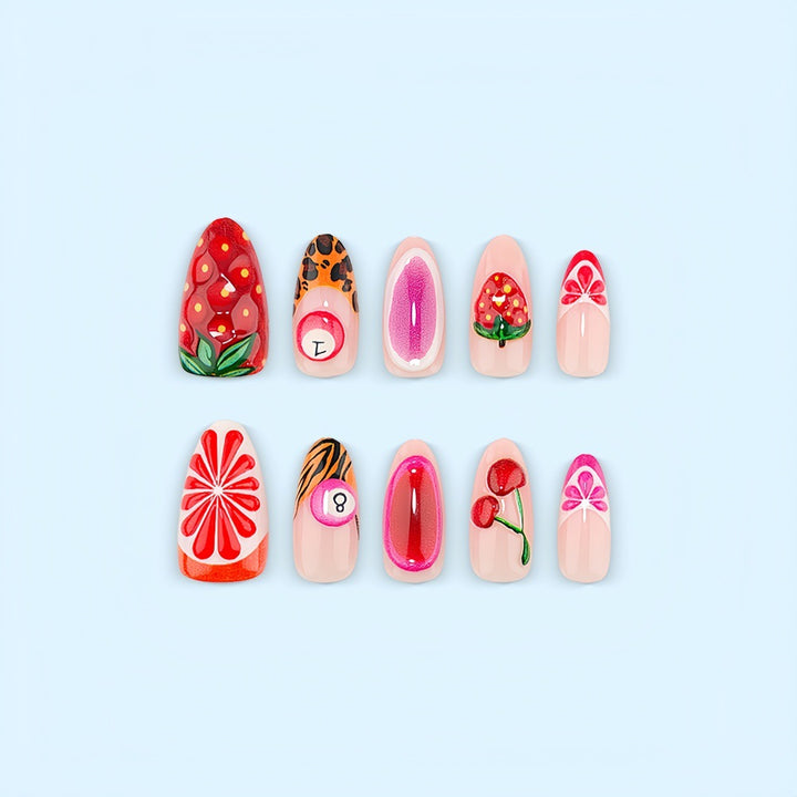Artificial nails with fruity motifs andGloss finish Stornfield