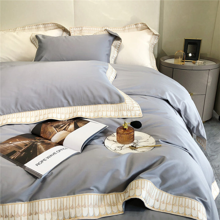 Luxury Cotton Sateen Duvet Cover Bedding Set with Pleated Trim and Matching Pillow Shams
