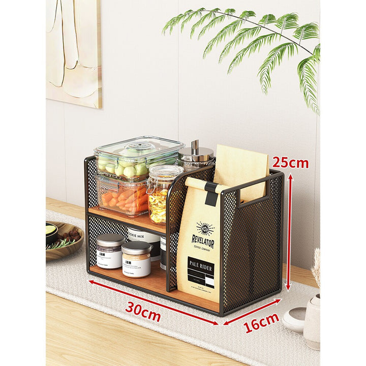 Metal Mesh Countertop Pantry Organizer with Multi-Tier Shelves and Vertical Bag Compartment