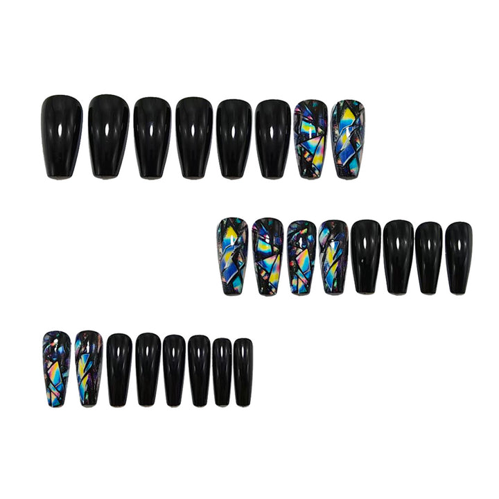 Trendy artificial nails with holographic geometric patterns Stornfield