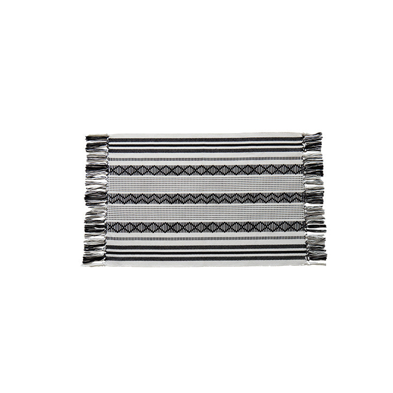 Flat-woven cotton runner with fringes and graphic ethnic stripe pattern Stornfield