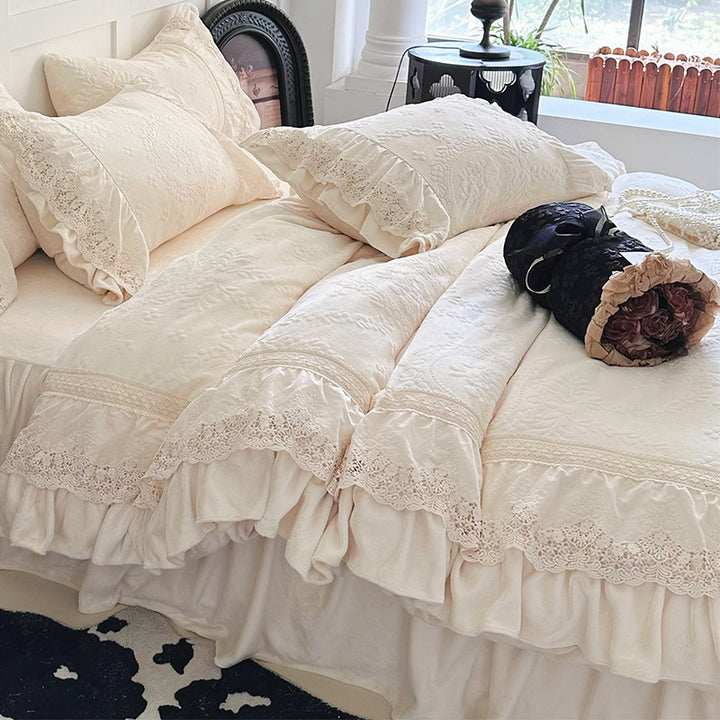 Vintage-Inspired Ruffled Chenille Medallion Bedspread & Sham Set with Lace-Trim Bed Skirt