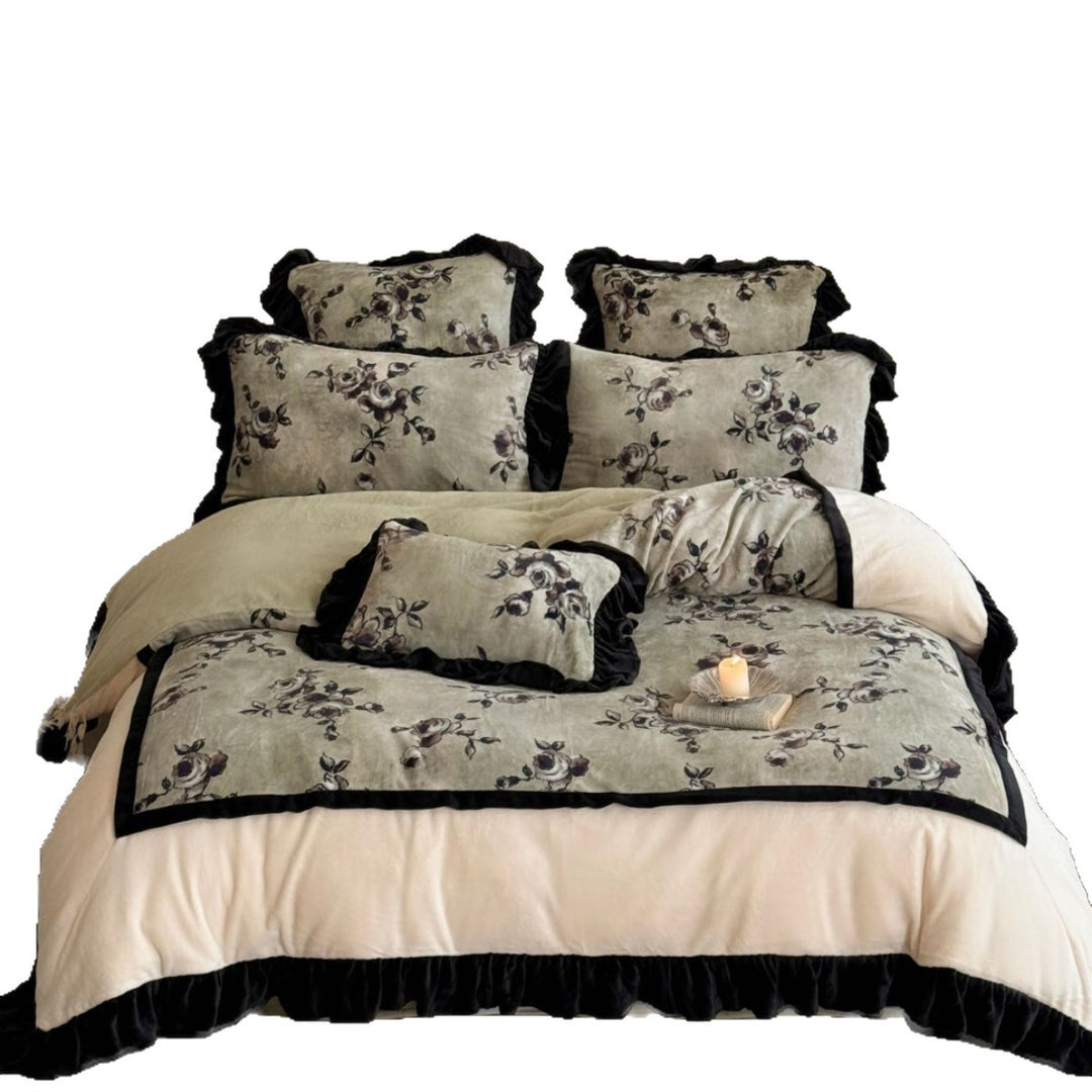 Floral Velvet-Texture Ruffled Duvet Cover Set with Decorative Pillow Shams