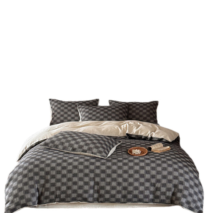 Woven Cotton-Linen Checkered Duvet Cover Set with Reversible Natural Back