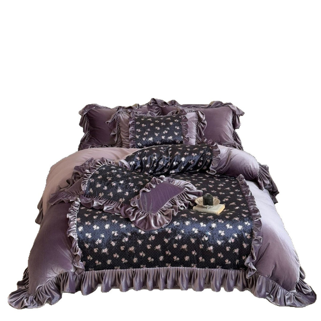 Ruffled Velvet Floral Quilted Duvet Cover Set