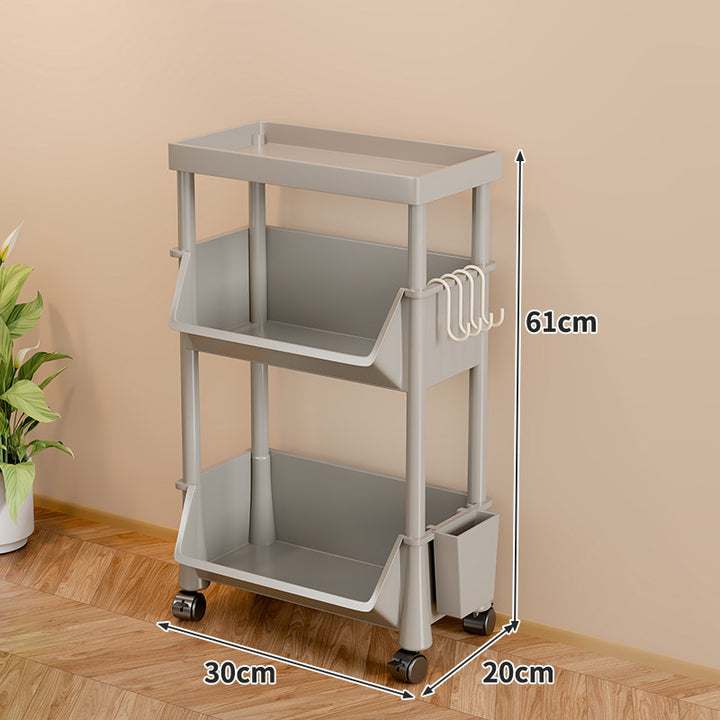 Slim Multi-Tier Rolling Plastic Storage Cart with Deep Tilt Bins and Side Hooks