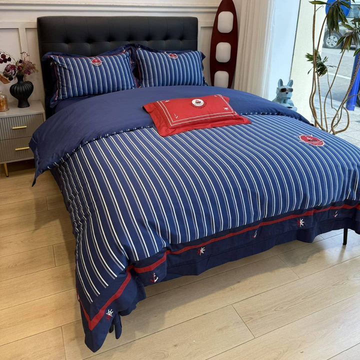 Striped Nautical Cotton Sateen Duvet Cover Set with Embroidered Anchor Details and Ruffled Bed Skirt