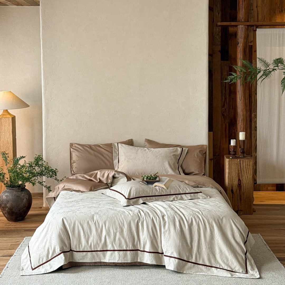Premium bedding set made of breathable cotton blend with contrasting piping