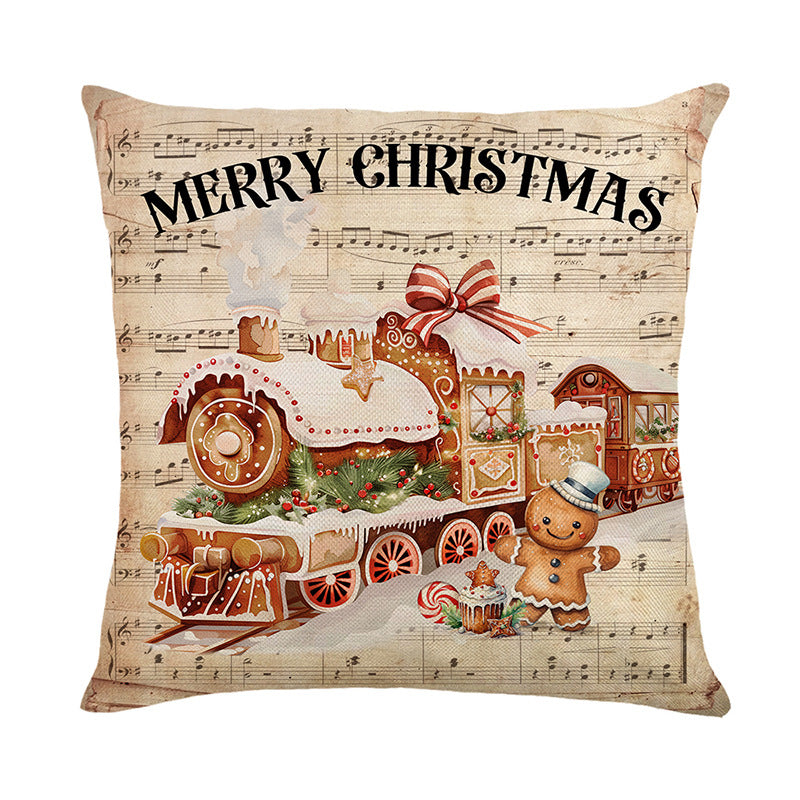 Festive Linen-Texture Decorative Throw Pillow Cover with Gingerbread Man and Musical Sheet Print