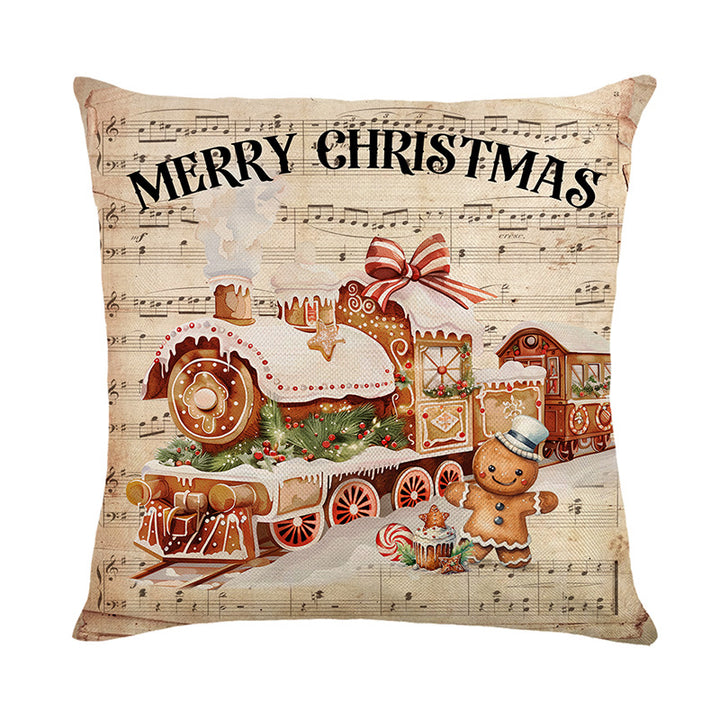 Festive Linen-Texture Decorative Throw Pillow Cover with Gingerbread Man and Musical Sheet Print