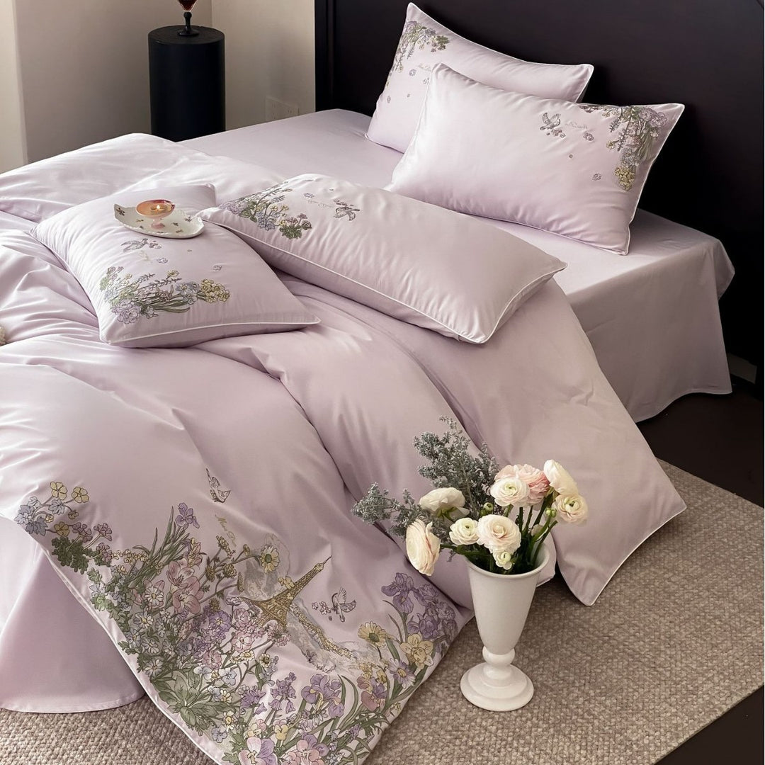 Elegant cotton satin bedding set with fine floral embroidery and Paris motif