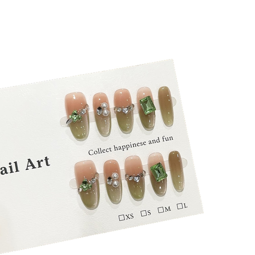 Decorative Press-On Nail Set with Gemstone Accents