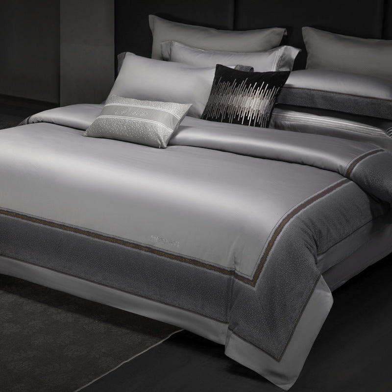 Hotel-Style Silky Sateen Duvet Ensemble with Contrast Textured Border and Euro Shams