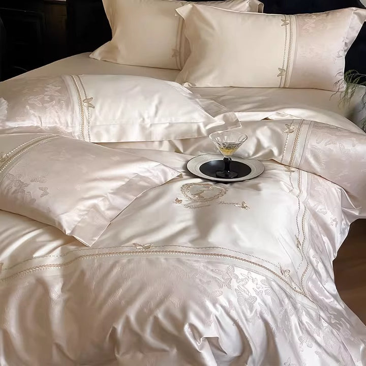 Silky Embroidered Butterfly Jacquard Duvet Cover Set with Decorative Pillow Shams