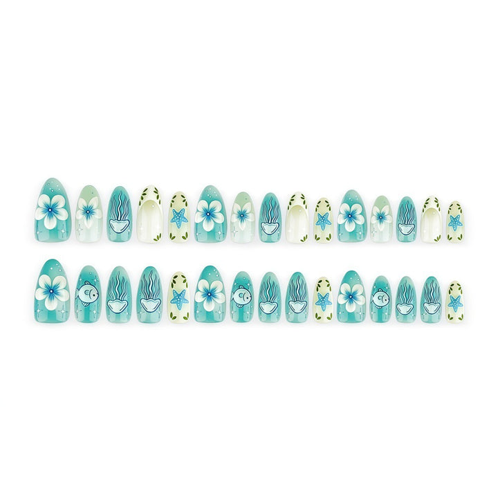Artificial nails in a maritime design with colorful shell and water motifs Stornfield
