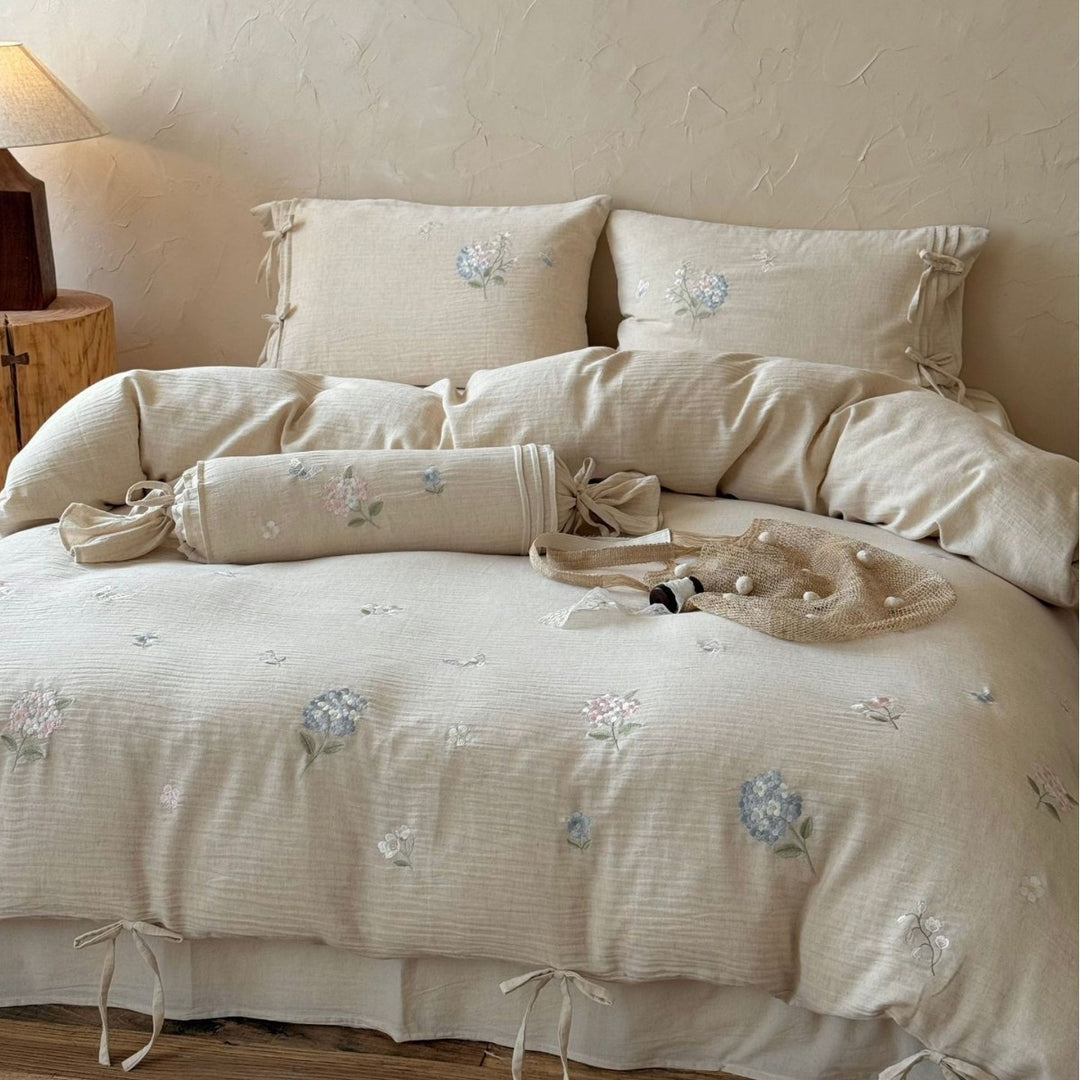 Embroidered Cotton-Linen Duvet Cover Set with Tied Corners & Bolster Pillow