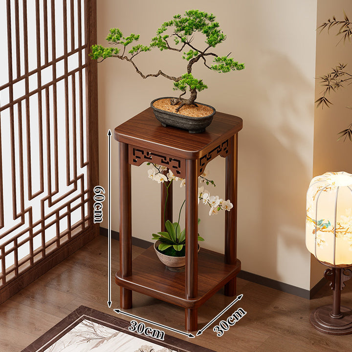 Oriental Solid Wood Tall Plant Display Pedestal Stand with Carved Apron